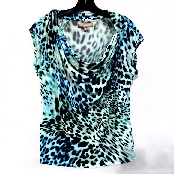 Ellen Tracy Neon Leopard Tie Dye Blue Green Blouse Top Shirt Medium Short Sleeve - Picture 1 of 5